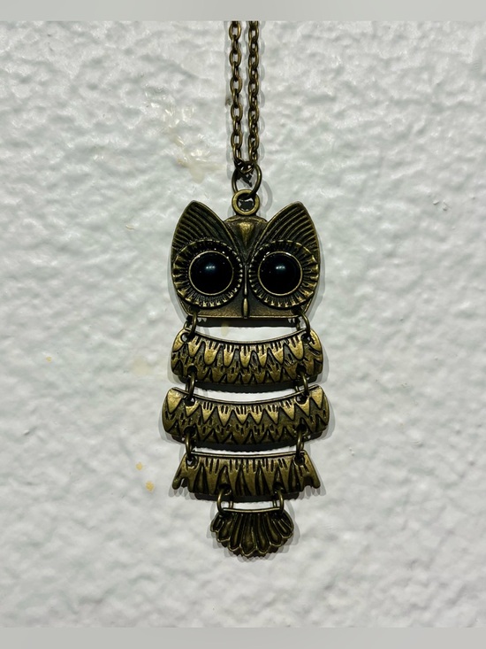 Hidden Hollow Beads Jewelry - Antique-style Gold Tone Owl Pendant Necklace
